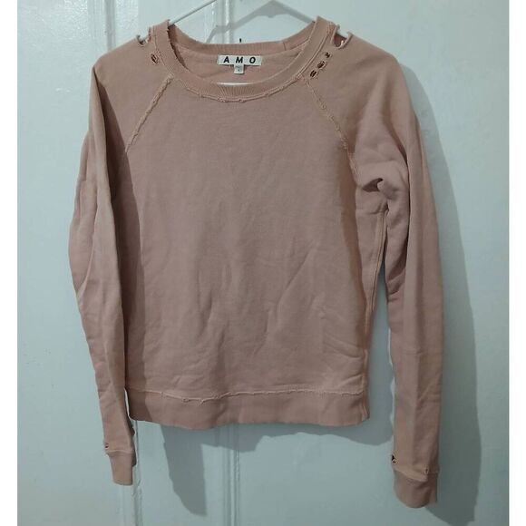 Amo womens small  factory distressed raglan sleeve sweatshirt dusty pink - Picture 1 of 6